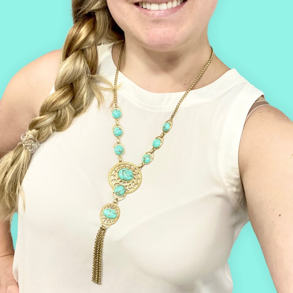 Lucky Brand Turquoise Gold Perforated Statement Medallion Necklace